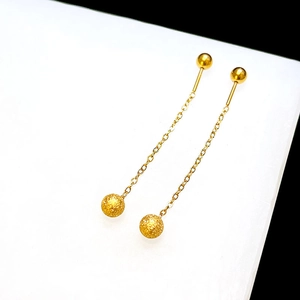 Detailed macro view of 18k gold bead tassel earrings with polished and frosted finishes