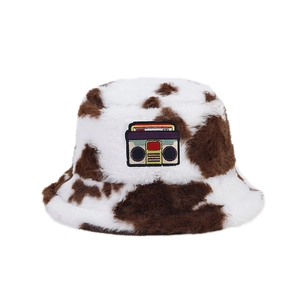 Winter faux fur bucket hat with cow print and vintage radio patch for women and men