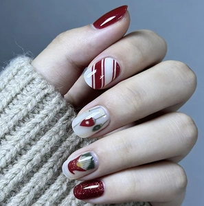 Christmas Press On Nails Santa Claus Gnome Red White Stripe Glitter Glossy Oval Plastic Fake Nails Holiday For Women