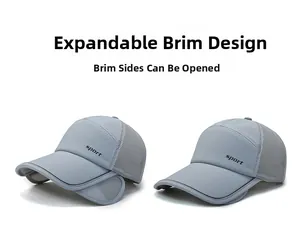 Detail of grey sports cap showing the adjustable and retractable side brim for sun protection