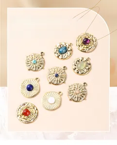 Set of retro stainless steel pendants with natural lapis lazuli and colorful gemstones