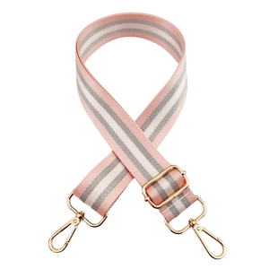 Adjustable woven handbag strap in pink and grey stripes with rose gold metal hooks