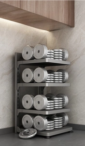 Detail of four-tier adjustable grey metal pot rack showing strong load-bearing capacity
