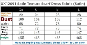 Tableau des tailles pour robe en satin avec mesures de poitrine, taille et longueur en cm