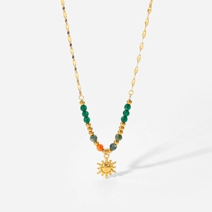 18K gold plated stainless steel sun pendant necklace with colorful stone beads