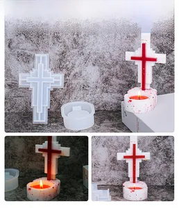 Macro view of cross-shaped silicone candle mold set with polished resin base