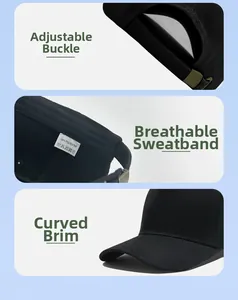 Detail view of adjustable metal buckle, sweatband, and curved brim on black baseball cap