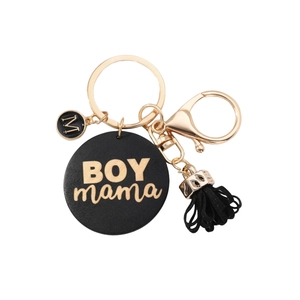 Handmade wooden BOY MAMA keychain with black leather tag, tassel and gold lobster clasp