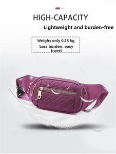 Lightweight purple quilted nylon fanny pack weighing only 0.15kg for outdoor sports