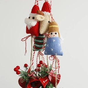 Handmade crochet Christmas ornaments with Santa, elk, and reindeer bell hanging pendants