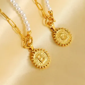 Initial Letter Pendant Necklace Stainless Steel Asymmetric Artificial Pearl And Paperclip Chain Round Coin OT Toggle Clasp Jewelry Women