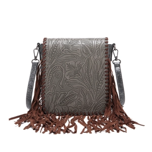Bohemian retro crossbody bag with embossed floral grey leather and brown fringe tassels