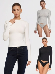 T-Shirt En Tricot Nervuré Pour Femmes Coupe Slim Manches Longues Couleur Unie Col Rond Épaulettes Haut Thermique