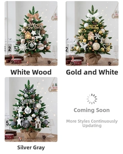 Detail of mini desktop Christmas trees with LED lights, ornaments and burlap base