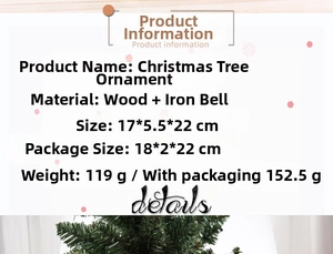 Miniature wooden Christmas tree ornament with iron bells and detailed product dimensions