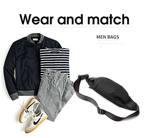 Flat lay of a black mini crossbody chest bag styled with trendy men's sportswear outfit