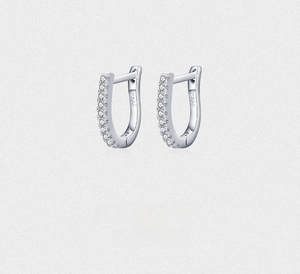 Close-up of S925 sterling silver U-shaped hoop earrings with sparkling zircon stones