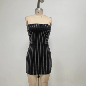 Sexy slim fit tube top mini dress with black and silver vertical stripes for party wear