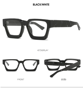Classic square frame glasses with glossy black finish and white marble textured temples