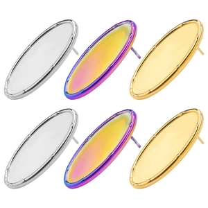 Polished 304 stainless steel oval stud earrings in silver, rainbow, and gold finishes