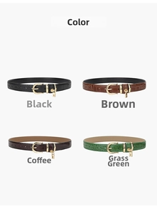 Selection of four crocodile-patterned leather belts in black, brown, coffee, and green