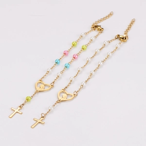 Bracelet en acier inoxydable 304 doré avec pendentif cœur, perles et breloques croix