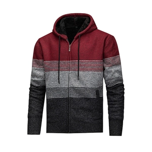 Cardigan da uomo con cappuccio in maglia tricolore rosso, grigio e nero invernale