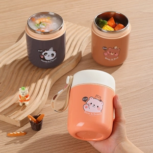 Ins-style 304 stainless steel insulated soup cups in three colors on a wooden table