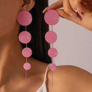 Pink geometric long fringe earrings featuring four textured circular discs for women