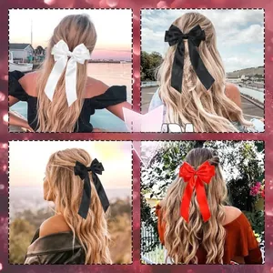Detail view of long satin ribbon hair bows in white, black, and red for girls' hairstyles