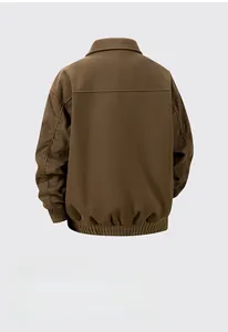 Back view of a brown boxy fit jacket with elastic hem and clean horizontal stitching