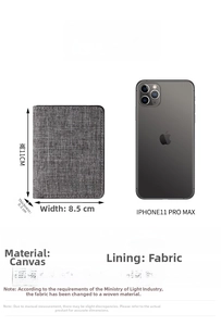 Slim canvas wallet detail showing dimensions and size comparison with a smartphone