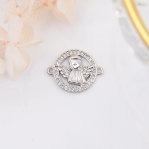 Silver angel connector charm with white cubic zirconia inlay for DIY jewelry making