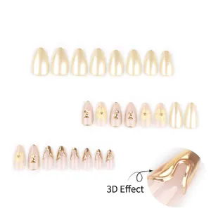Coffret de faux ongles 3D roses dorées avec accents blanc nacré et forme amande