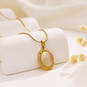 Retro Gold Plated Titanium Steel Necklace Oval White Cat Eye Stone Pendant Snake Chain Elegant French Jewelry For Women