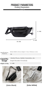 Detailed size specifications of the PU leather waist bag measuring 28.5x11.5x6.5cm