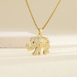 Golden elephant pendant necklace with white zircons and hollow geometric pattern box chain