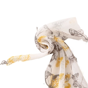 Soft cotton-linen scarf with yellow and grey butterfly pattern on white fabric