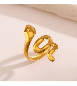 Close-up of 18K gold plated stainless steel snake ring with adjustable open design