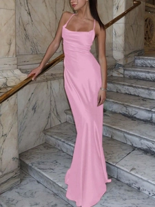 Detailed view of pink satin maxi dress featuring a cowl neck and elegant floor-length drape
