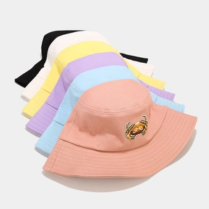 Foldable cotton bucket hats for summer with cute crab embroidery in various pastel colors