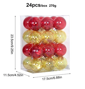 Detail view of 24pcs 6cm Christmas ball set in PVC box showing dimensions and weight