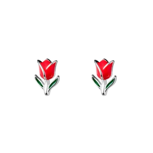 Elegant S925 sterling silver tulip earrings with red petals and green enamel leaves