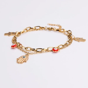 Gold double-layered stainless steel Hamsa Hand and Evil Eye bracelet with enamel charms