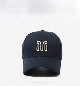 Front view detail of navy blue baseball cap featuring white 3D letter M embroidery