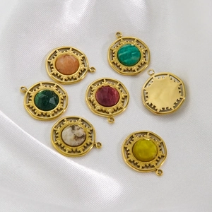 French vintage stainless steel 14K gold round pendants with colorful natural stone insets