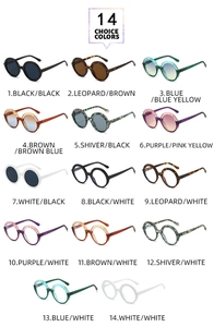 Grid layout showing 14 color choices of vintage round frame sunglasses and clear lens eyewear