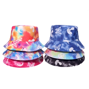 Tie-Dye Butterfly Mushroom Print Bucket Hat Polyester Sun Hat For Women Summer Outdoor Travel Foldable Short Brim