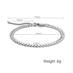 Detail view of 4.5mm silver Cuban link bracelet with adjustable extension chain