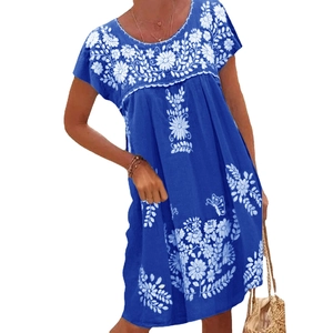 Bohemian blue short sleeve dress with white floral embroidery and loose H-line fit